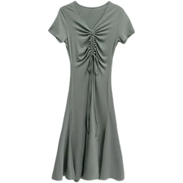 Casual Dress Summer Over-the-Knee Long Dress with Elastic Waist Slimming Split Elegant V-neck Women's Dress - 图片 4