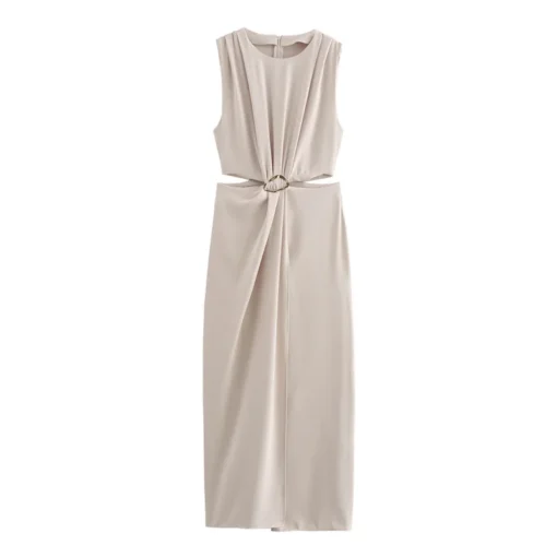 Ohsisa 2025 Spring/Summer Women's Dress New Fashionable Elegant Round Neck Sleeveless Soild Casual Dress - 图片 3