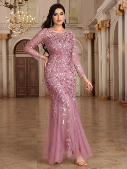 Ohsisa 2025 Summer New Evening Dress Long Sleeve Round Neck Zipper Back Fish Tail Women's Dress - 图片 4