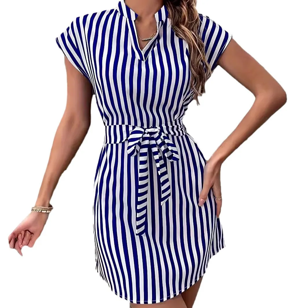 Ohsisa 2025 Summer Fashion Women Dresses Printed Stand Collar V-neck Sleeveless Striped Waist Lace up Belt Casual Dress - 图片 5