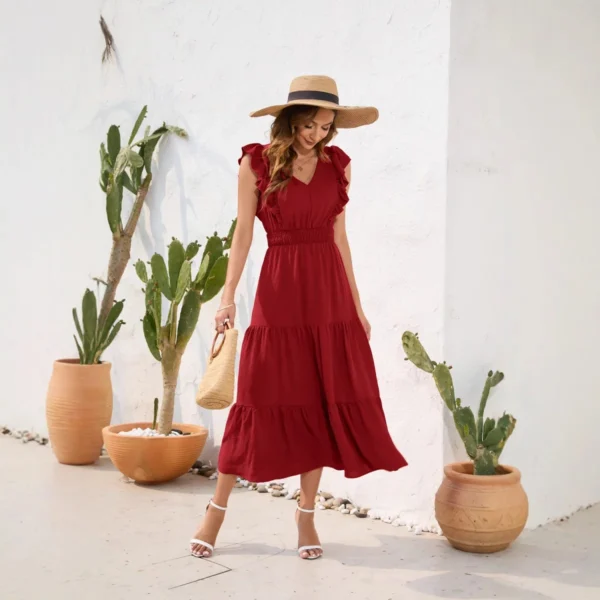 2025 Women Long Dress V-Neck Sleeveless High-Waisted Solid Color Cake Dress Casual Vacation Travel Summer Casual Dress - 图片 4