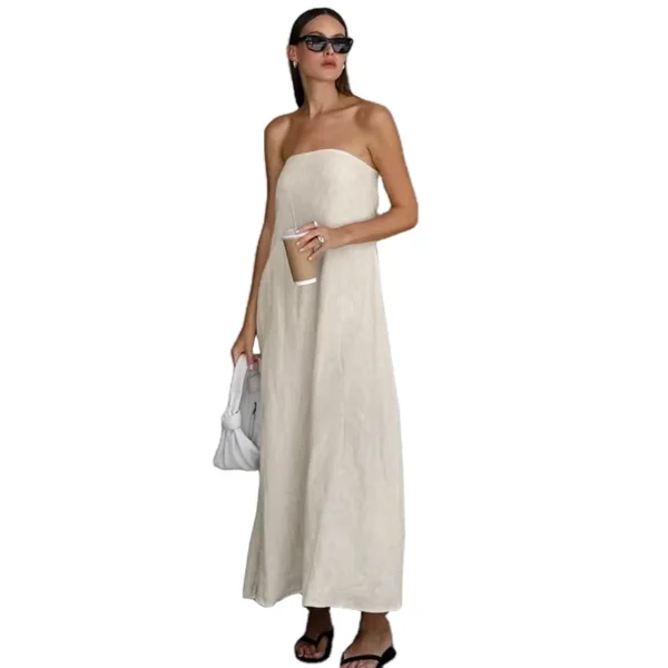 Ohsisa 2025 New Women Cotton Linen Dress Simple Lady Elegant Sleeveless Maxi Dresses Solid Color Casual Strapless Long Dress