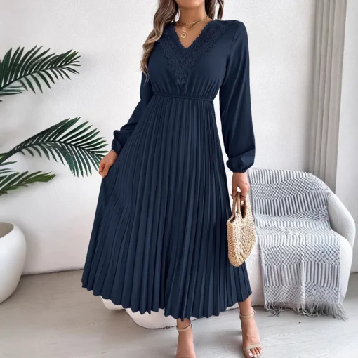 2025 Spring Summer Collection Elegant European American V-Neck Lace Waist Dress Women's Casual Chiffon Woman Dress - 图片 4