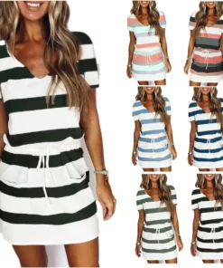Striped Dress 2025 New Summer Loose Breathable Women's V-neck Drawstring Short Sleeve Dress