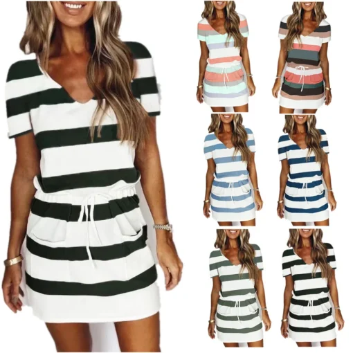 Striped Dress 2025 New Summer Loose Breathable Women's V-neck Drawstring Short Sleeve Dress