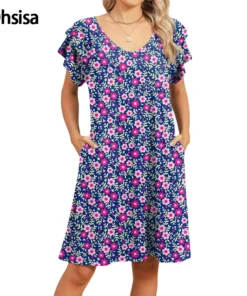 Ohsisa 2025 Women's Fashion V-Neck Pocket Print Double Layer Ruffle Sleeve Short Dress Floral Pattern Front Woman Dress