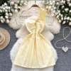 Ohsisa 2025 Summer New Dress Vacation Elegant and Fashionable Slant Neck Hollow Waist Mid Length Solid Dress