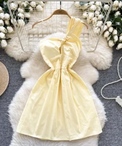 Ohsisa 2025 Summer New Dress Vacation Elegant and Fashionable Slant Neck Hollow Waist Mid Length Solid Dress
