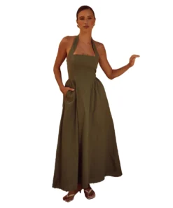 Ohsisa 2025 Summer New Women's Dress Fashionable and Elegant Strap Hanging Neck Bareback Soild Dress