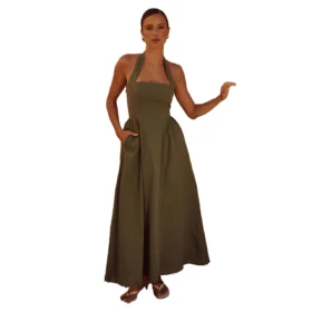 Ohsisa 2025 Summer New Women's Dress Fashionable and Elegant Strap Hanging Neck Bareback Soild Dress