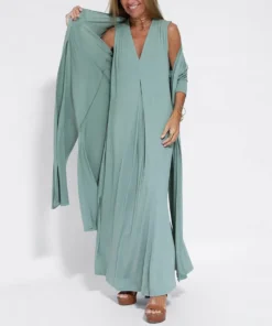 Ohsisa 2025 Summer Long Dresses Sleeveless V-neck Fashion Long Sleeve Coat Europe Style Maxi Solid Color Split Dress