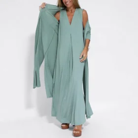 Ohsisa 2025 Summer Long Dresses Sleeveless V-neck Fashion Long Sleeve Coat Europe Style Maxi Solid Color Split Dress