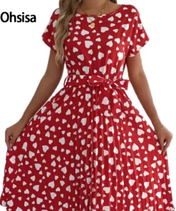 2025 Women's Spring Summer Casual Waist Pleated Dress Floral Chiffon Short Sleeve Heart Color Block Valentine Woman Dress