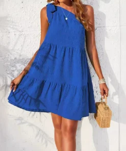 Summer Dress for Women Casual Jacquard Plaid Bow Tie Strap Sleeveless A-line Solid Color Single Shoulder Vacation Dress