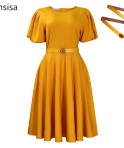 Ohsisa Africa Women Elegant Summer Yellow Dress Puff Short Sleeve O-neck A-line Ruched Ladies Office Solid Color Party Dresses