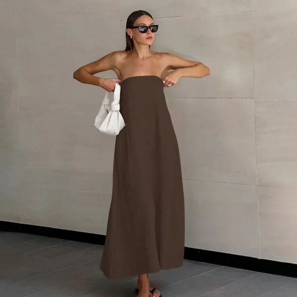 Ohsisa 2025 New Women Cotton Linen Dress Simple Lady Elegant Sleeveless Maxi Dresses Solid Color Casual Strapless Long Dress - 图片 3