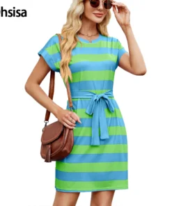 Ohsisa 2025 Spring Summer New Striped Neck Loose Short Sleeve Casual Plain Dyed Chiffon Woman Dress