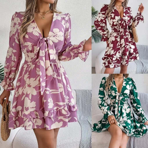 Ohsisa Summer Women's Casual Dresses European American Floral Lace Long-Sleeved A-Line Skirt for Woman Dress - 图片 5