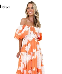 Ohsisa 2025 Spring Summer Elegant Floral Printed One-Shoulder Puff Sleeve for Fashionable European Floor-Length Woman Dress