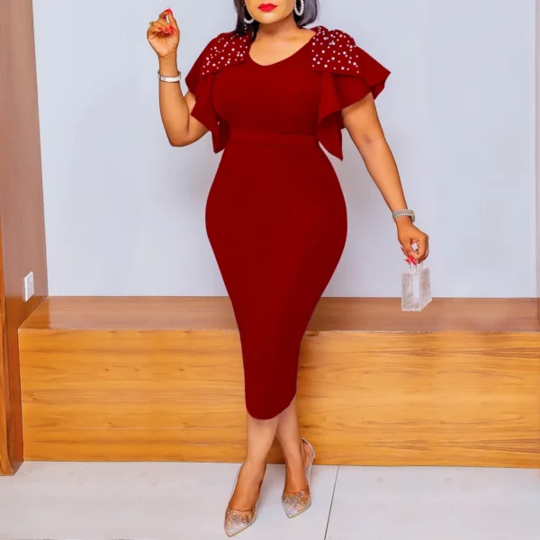 Ohsisa 2025 Women's Summer New Fashion Office O-Neck Nail Bead Ruffle Edge Sleeves Long Plus Size Evening Dress - 图片 3
