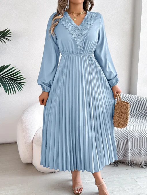 2025 Spring Summer Collection Elegant European American V-Neck Lace Waist Dress Women's Casual Chiffon Woman Dress - 图片 5