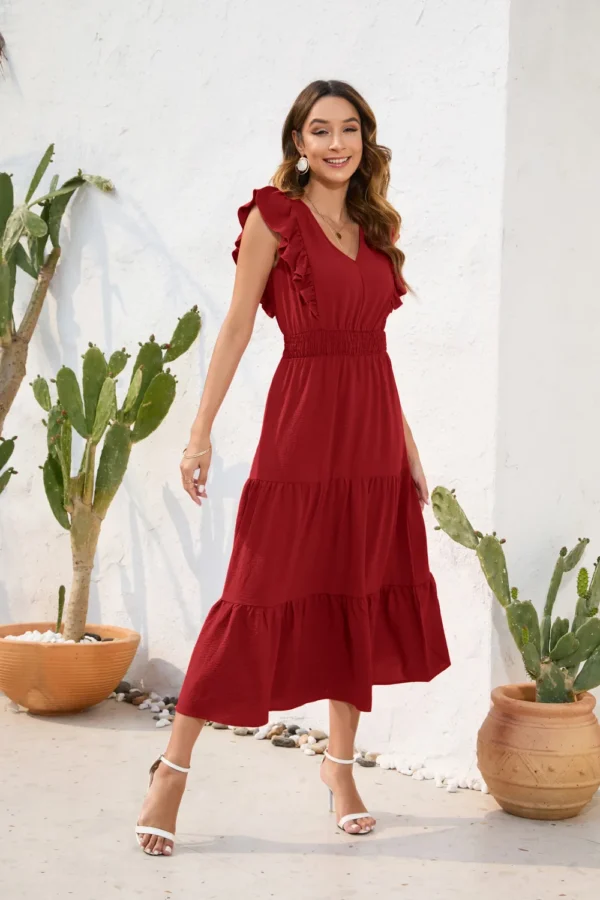 2025 Women Long Dress V-Neck Sleeveless High-Waisted Solid Color Cake Dress Casual Vacation Travel Summer Casual Dress - 图片 6