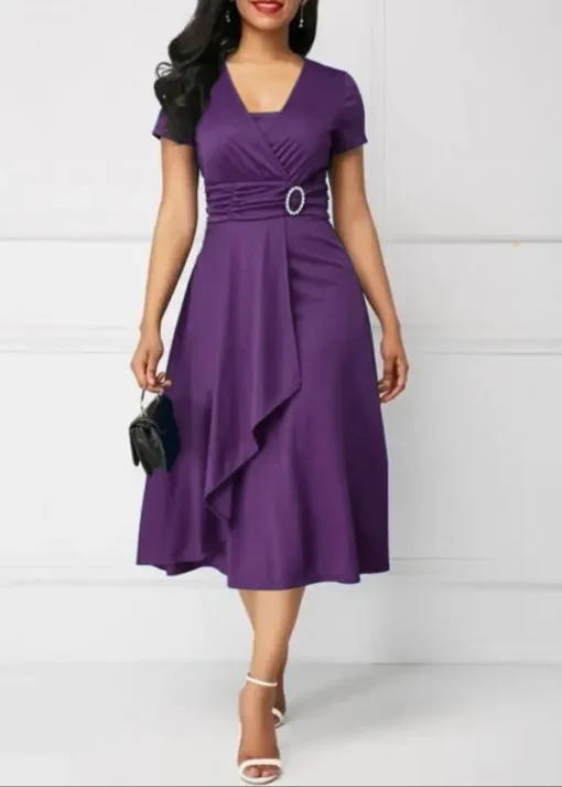 Casual Long Skirt New Size Women's Elegant Solid Color Short-sleeved Office Wear with Belt African Dress - 图片 6