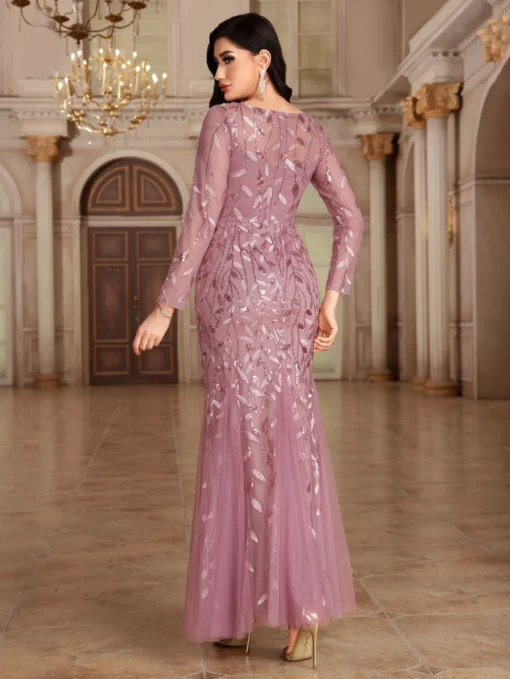 Ohsisa 2025 Summer New Evening Dress Long Sleeve Round Neck Zipper Back Fish Tail Women's Dress - 图片 6