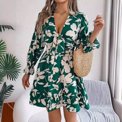Ohsisa Summer Women's Casual Dresses European American Floral Lace Long-Sleeved A-Line Skirt for Woman Dress - 图片 3