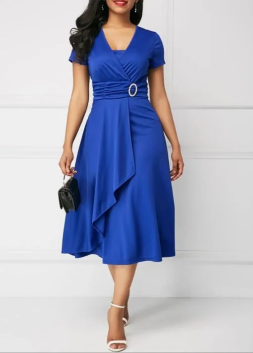Casual Long Skirt New Size Women's Elegant Solid Color Short-sleeved Office Wear with Belt African Dress - 图片 2