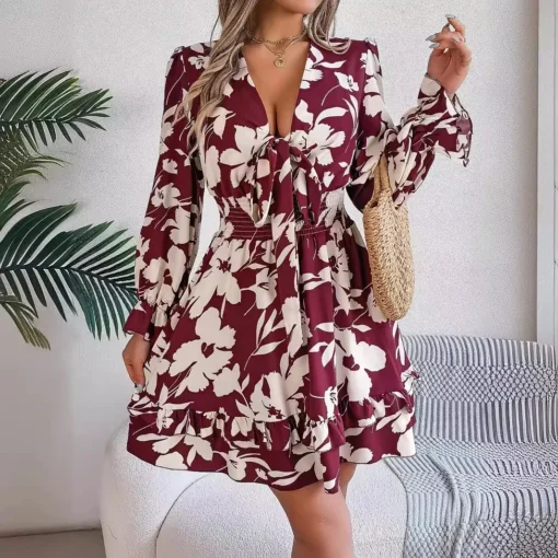 Ohsisa Summer Women's Casual Dresses European American Floral Lace Long-Sleeved A-Line Skirt for Woman Dress - 图片 4