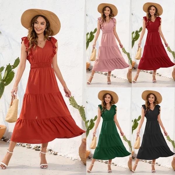 2025 Women Long Dress V-Neck Sleeveless High-Waisted Solid Color Cake Dress Casual Vacation Travel Summer Casual Dress - 图片 5