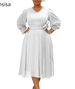 Ohsisa 2025 New Arrival Long Sleeve Dresses Women Office Lady Elegant Puff Sleeve V-neck A-line Africa Spring Casual Dress