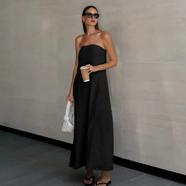 Ohsisa 2025 New Women Cotton Linen Dress Simple Lady Elegant Sleeveless Maxi Dresses Solid Color Casual Strapless Long Dress - 图片 2