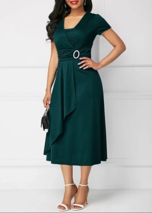 Casual Long Skirt New Size Women's Elegant Solid Color Short-sleeved Office Wear with Belt African Dress - 图片 4