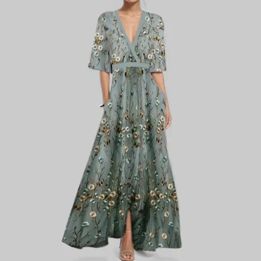 Ohsisa 2025 Summer Women's New Fashionable and Elegant V-neck Half Sleeve Printed Casual Long Dress - 图片 5