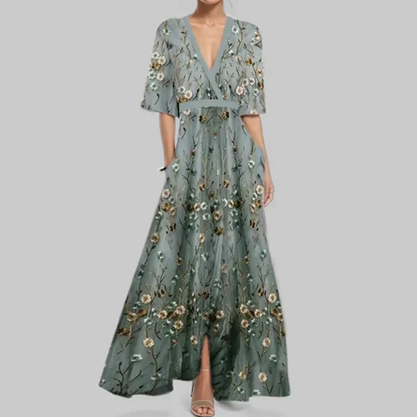 Ohsisa 2025 Summer Women's New Fashionable and Elegant V-neck Half Sleeve Printed Casual Long Dress - 图片 5