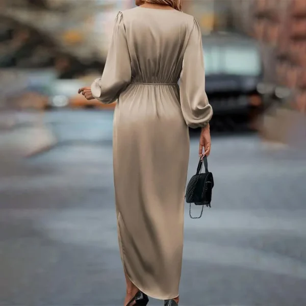 Ohsisa 2025 Women's Summer New Elegant Satin Cross V-Neck Split Long Bubble Sleeve Loose Casual Dress - 图片 6