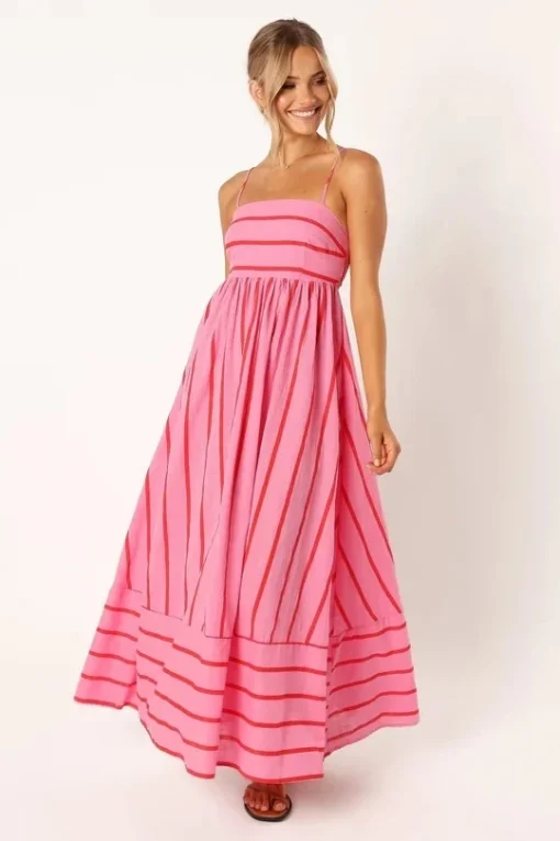Ohsisa 2025 Women Dress Striped Sleeveless Backless Flared Chiffon Casual Summer Natural Front Placement Square Collar Dress - 图片 6