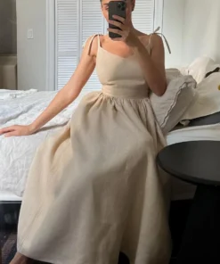 Ohsisa 2025 European and American Summer Dress Elegant and Sexy Strap Back Solid Color Pure Cotton Dress