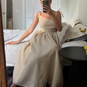 Ohsisa 2025 European and American Summer Dress Elegant and Sexy Strap Back Solid Color Pure Cotton Dress