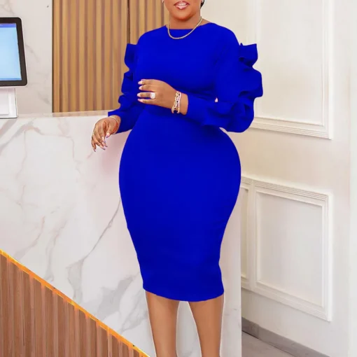 Ohsisa 2025 Women's Clothing Ladies O-neck Elegant Solid Ruffle Hip Wrapping Professional OL Office Commuter African Women Dress - 图片 2