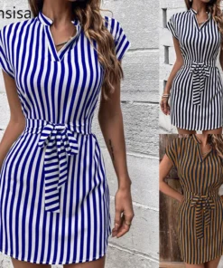 Ohsisa 2025 Summer Fashion Women Dresses Printed Stand Collar V-neck Sleeveless Striped Waist Lace up Belt Casual Dress