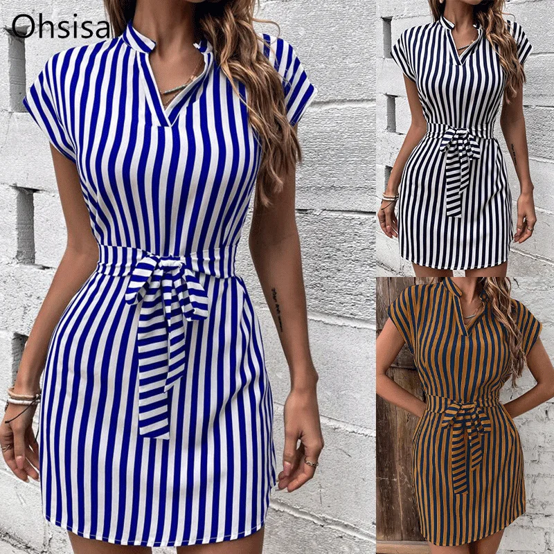 Ohsisa 2025 Summer Fashion Women Dresses Printed Stand Collar V-neck Sleeveless Striped Waist Lace up Belt Casual Dress