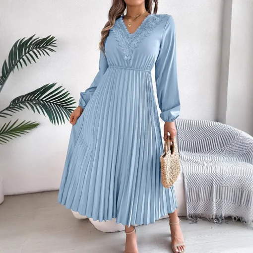 2025 Spring Summer Collection Elegant European American V-Neck Lace Waist Dress Women's Casual Chiffon Woman Dress - 图片 3