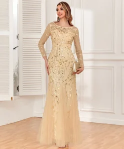 Ohsisa 2025 Summer New Evening Dress Long Sleeve Round Neck Zipper Back Fish Tail Women's Dress