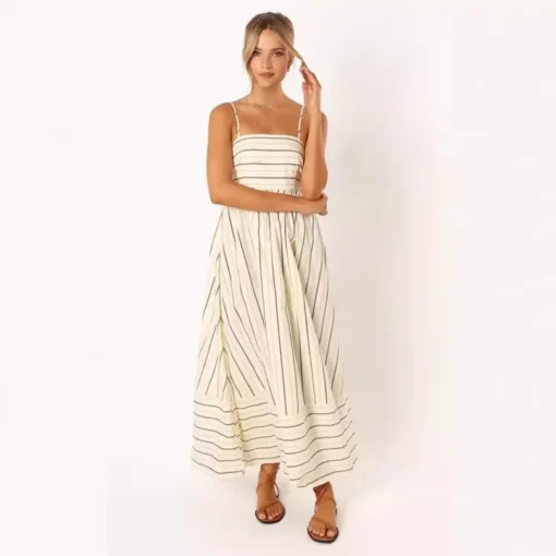 Ohsisa 2025 Women Dress Striped Sleeveless Backless Flared Chiffon Casual Summer Natural Front Placement Square Collar Dress - 图片 4
