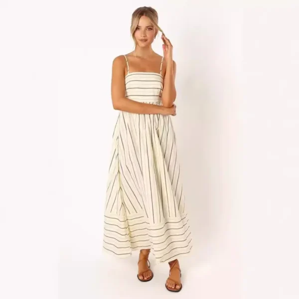 Ohsisa 2025 Women Dress Striped Sleeveless Backless Flared Chiffon Casual Summer Natural Front Placement Square Collar Dress - 图片 4