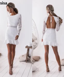 Women's Sexy Lace Dress New Beach Party Backless Waist Pencil Slim Long Sleeve Lacy Lace Casual Mini Dress