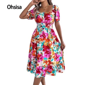 2025 European American Casual A-Line Skirt Floral Waist Ruffles Square Neck Short Sleeves Women's Dress